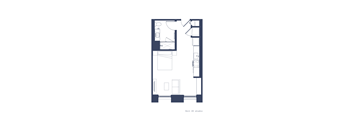 A floor plan of a studio apartment with a kitchen, living room, and bathroom.