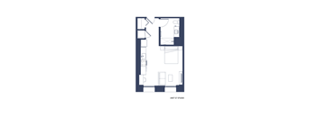 A floor plan of a studio apartment with a kitchen, living room, and bedroom.
