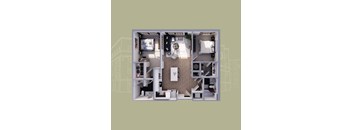 A 3D floor plan of a small apartment with a kitchen, living room, and bedroom.