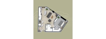 A 3D floor plan of a house with a living room, kitchen, and bathroom.