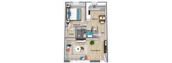 A floor plan of a house showing a bedroom, kitchen, living room, and bathroom.