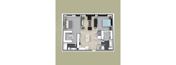A top-down view of a modern apartment layout with a kitchen, living room, and bathroom.