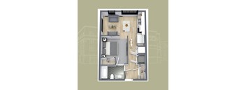 A floor plan of a small apartment with a kitchen, living room, and bathroom.