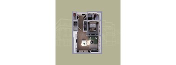 A floor plan of a small apartment with a kitchen, living room, and bedroom.