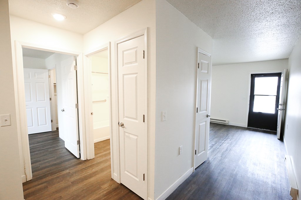 Layout overview A room with white walls and wooden floors with a door open to another room.