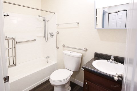 A white toilet sits next to a sink in a bathroom.