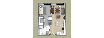 A top-down view of a small apartment layout with a kitchen, living room, and bathroom.