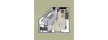 A top-down view of a living room with a kitchen area and a bathroom.