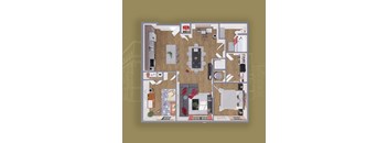 A detailed 3D floor plan of a house layout.