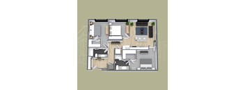 A floor plan of a house with a kitchen, living room, and bathroom.