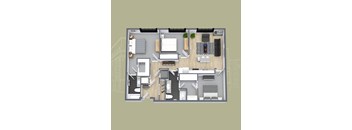 A detailed 3D floor plan of a modern apartment layout.