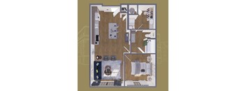 A detailed 3D floor plan of a small apartment with a kitchen, living room, and bathroom.