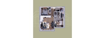 A 3D floor plan of a small apartment with a living room, kitchen, and bedroom.
