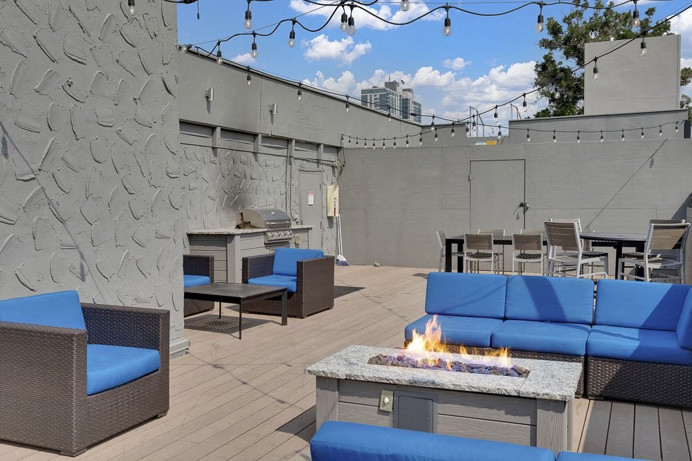 Fireplace on the rooftop deck at 136 S. Penn