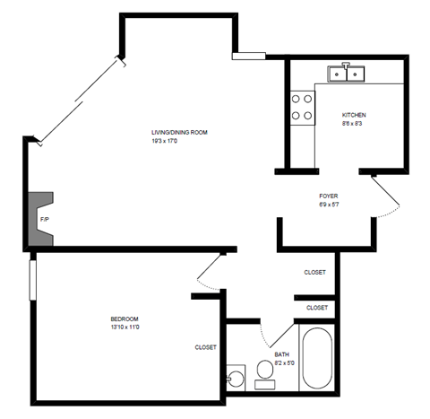 1 Bedroom, 1 Bathroom Floor Plan at 1801 N. Dayton