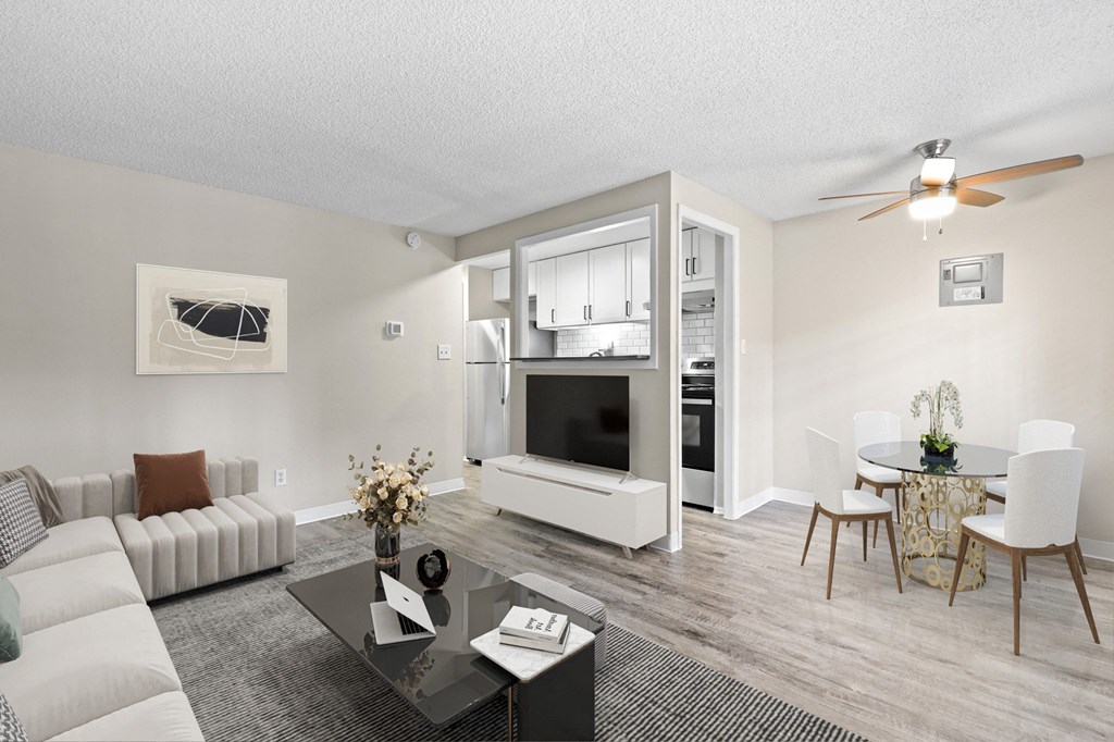 a living room with a couch and a table