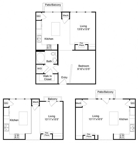 A set of four floor plans for a house with different layouts.