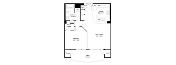 A floor plan of a home with a living room, dining room, kitchen, and bathroom.