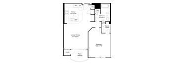 A floor plan of a house with a kitchen, living room, and bathroom.