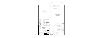 A floor plan of a house with a bedroom, bathroom, kitchen, and living room.