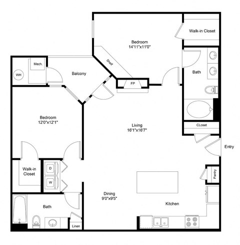 this is a drawing of a 1 bedroom floor plan with an open