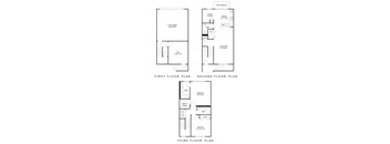 A set of three floor plans for a house with a first, second, and third floor.
