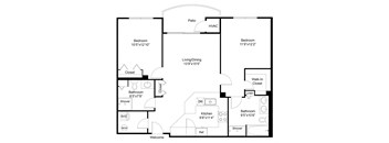 A floor plan of a home with a living room, two bedrooms, a bathroom, a kitchen, a pantry, a walk-in closet, and a reference room.