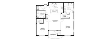 A floor plan of a house with a kitchen, bathroom, bedroom and living area.