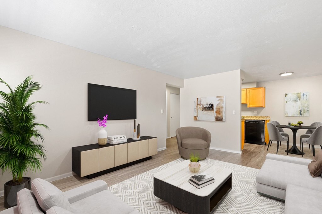 a living room with a couch and a coffee table and a television