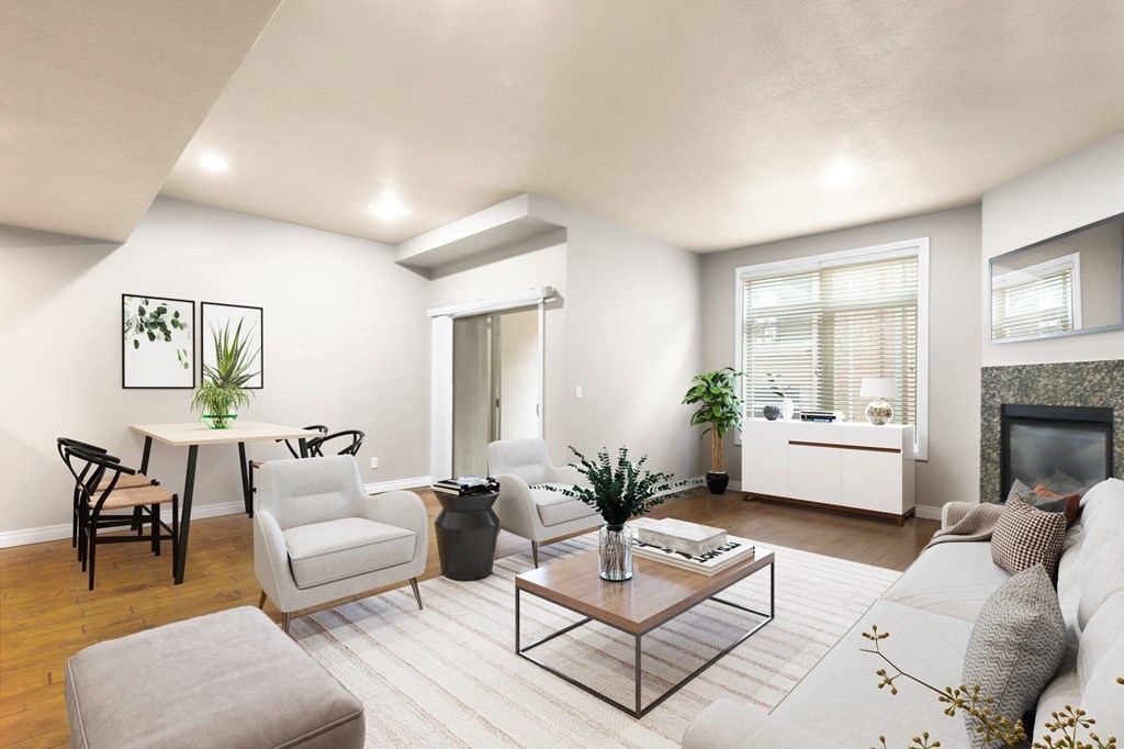 a living room with a couch and a table