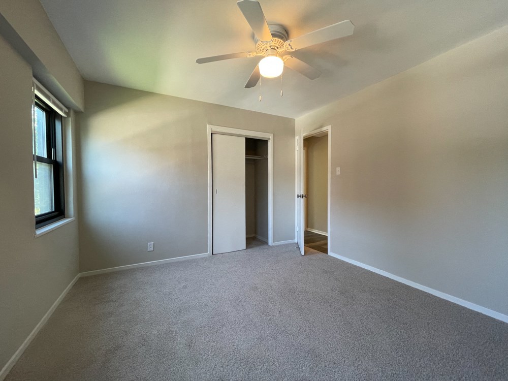 Second bedroom with plus carpeting and a ceiling fan - Large 2 Bedroom  at 5550 S Dorchester, Chicago, 60637