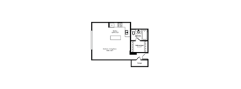 A floor plan of a small apartment with a kitchen, bathroom, bedroom, and storage.