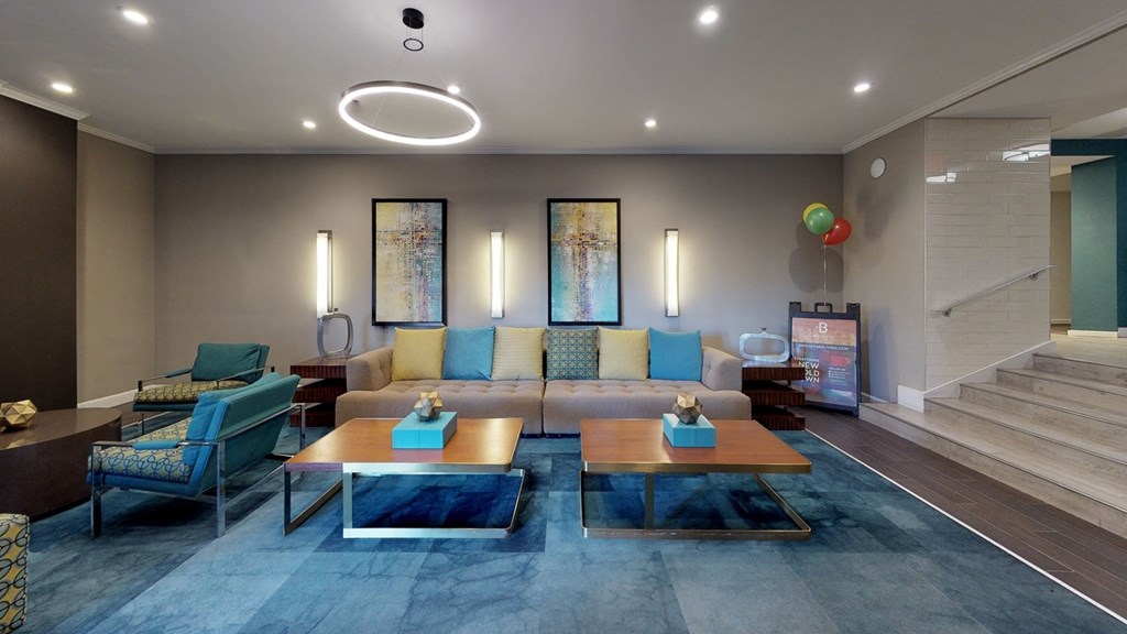 Lounge area in the leasing center at Bridgeyard in Alexandria, VA