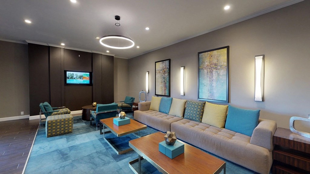 Lounge area in the leasing center at Bridgeyard in Alexandria, VA