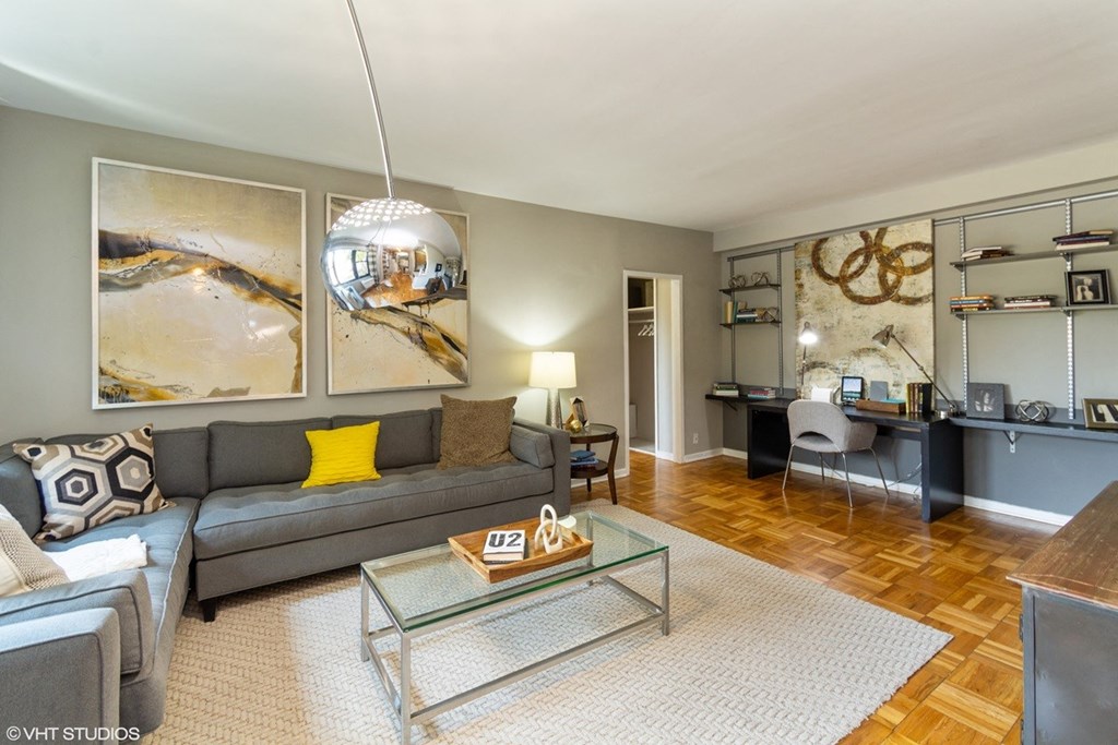 One bedroom model living room at Bridgeyard in Alexandria, VA