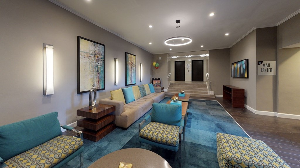 Lounge area in the leasing center at Bridgeyard in Alexandria, VA