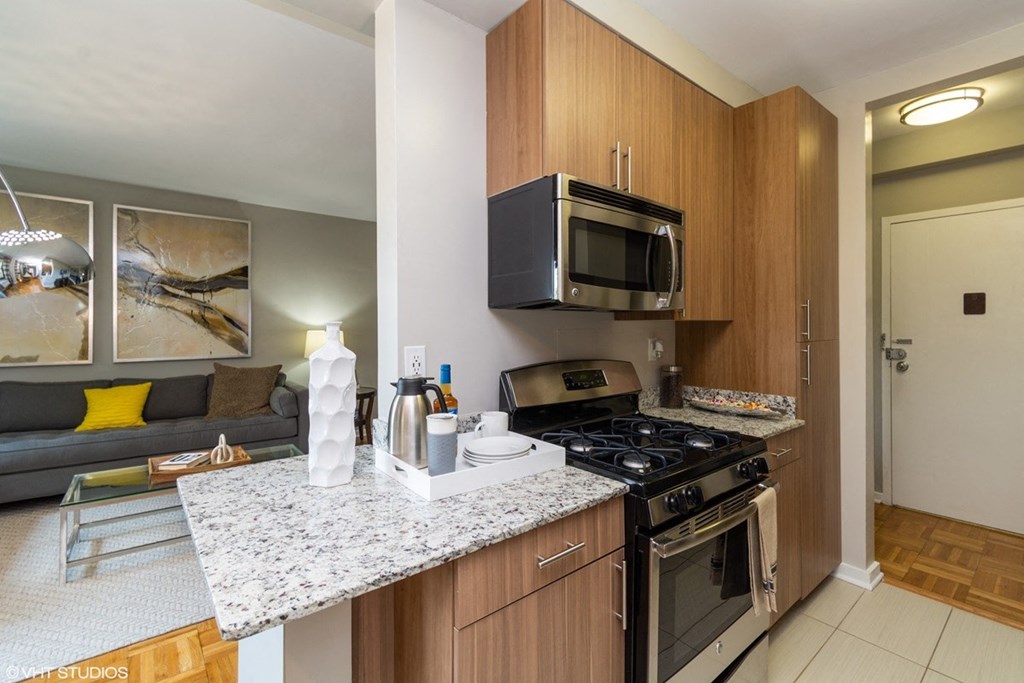 One bedroom model kitchen at Bridgeyard in Alexandria, VA