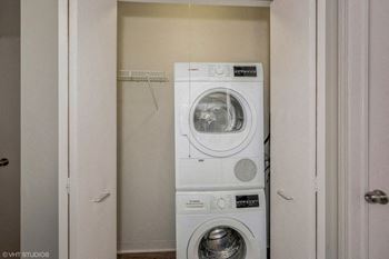 a front loading washer and dryer in a closet