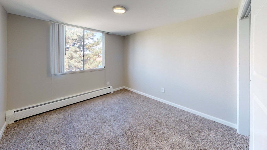 an empty room with carpet and a window