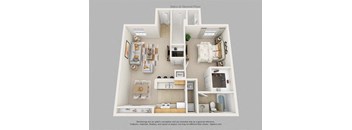 A 3D floor plan of a two-story apartment with stairs leading to the second floor.