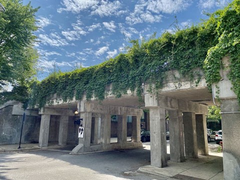 a building with stone pillars and a ivy covered roof