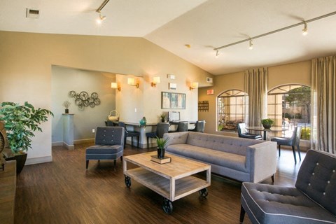 A living room with a grey couch and a wooden coffee table.