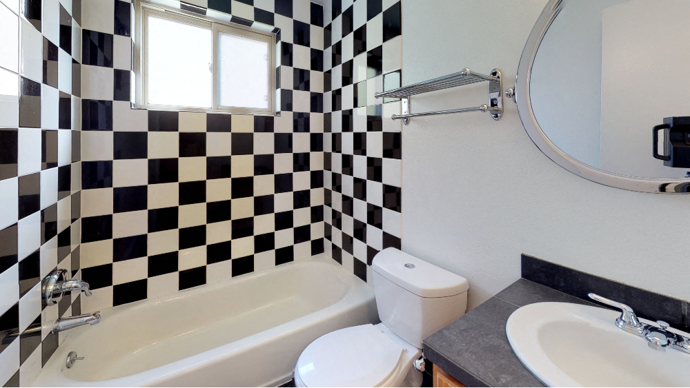 Unique black and white tiled shower