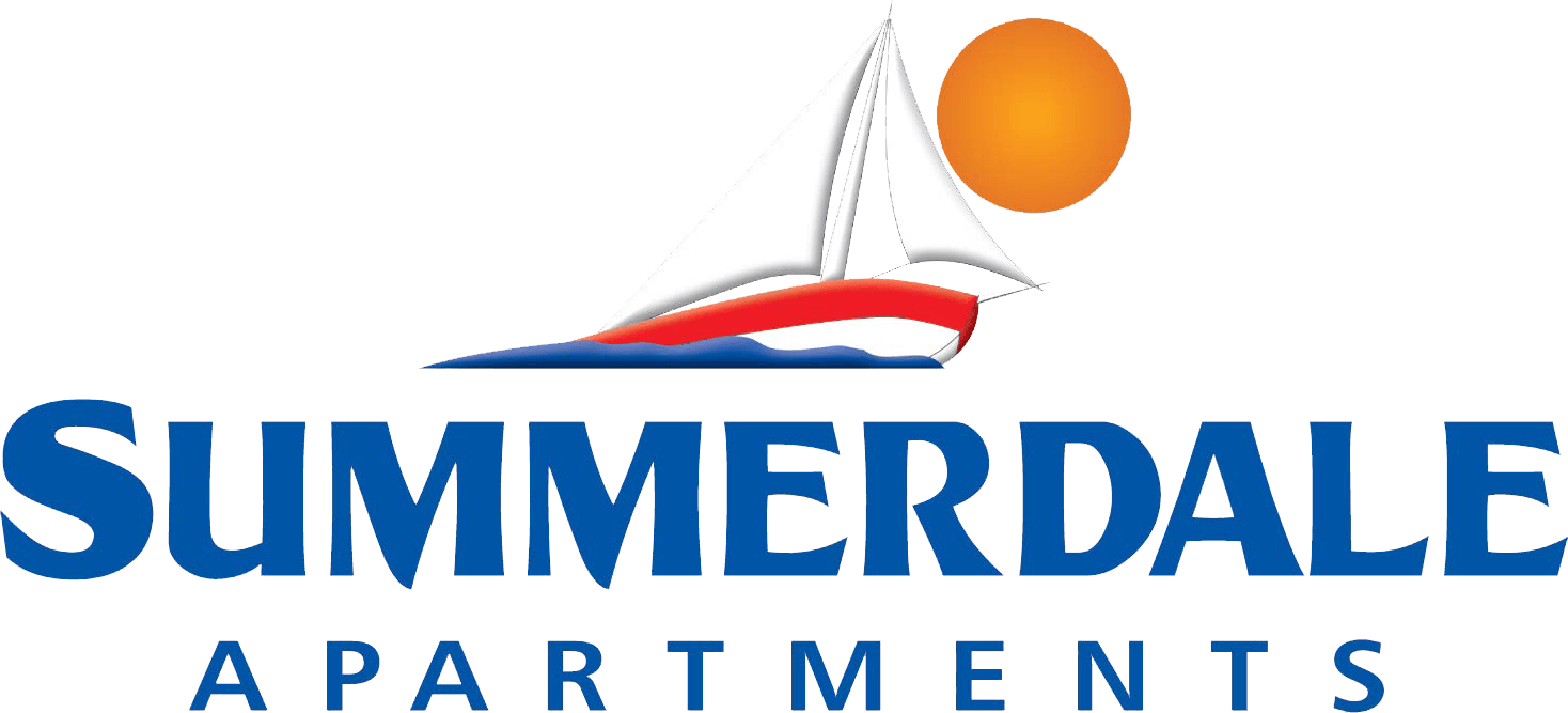 A logo for Summerdale Apartments featuring a sailboat with a sun in the background.