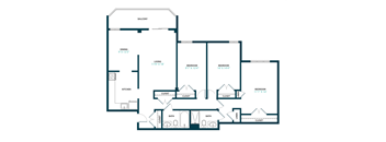A floor plan of a house with a balcony, two bedrooms, a living room, a dining room, a kitchen, and two bathrooms.