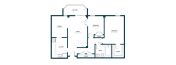 A floor plan of a house with a balcony, two bedrooms, a living room, a dining room, a kitchen, and a bathroom.