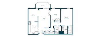 A floor plan of a house with a balcony, two bedrooms, a living room, a kitchen, and two bathrooms.