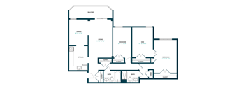 A floor plan of a house with a balcony, two bathrooms, a kitchen, a dining area, and three bedrooms.