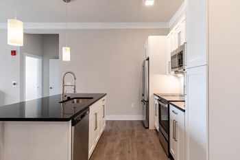 Kitchen with a large island and granite countertops Kitchen with a large island and granite countertops at The Westlyn, Warrenville, 60555 - Photo Gallery 3