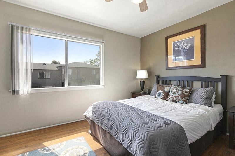 a bedroom with a large bed and two windows